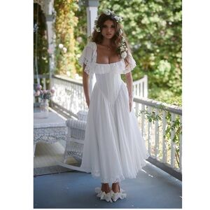 White Romantic Square-Neck Midi Dress